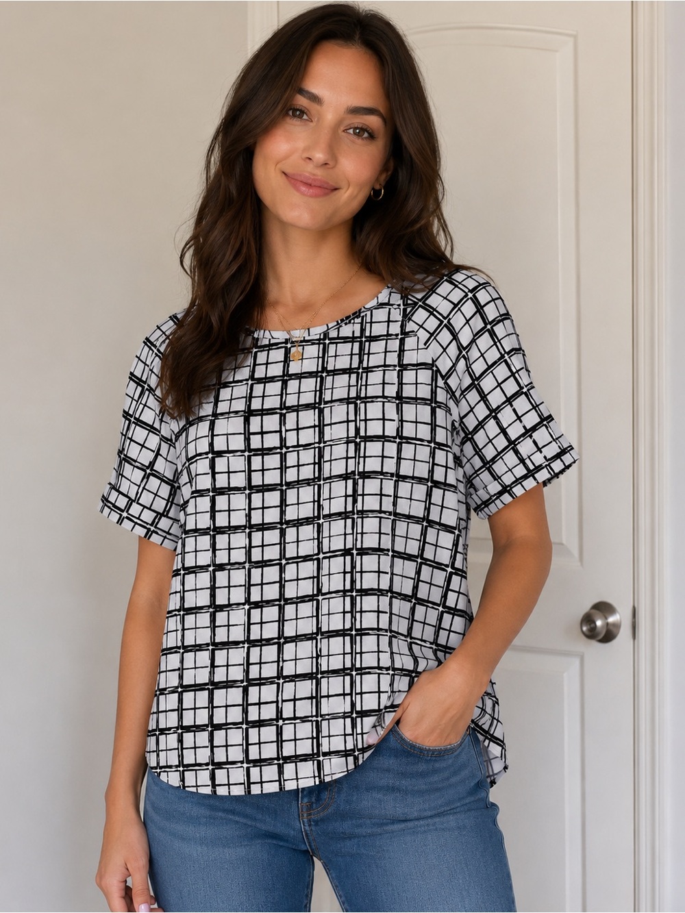 H&M Black and White Grid Short Sleeve Tee